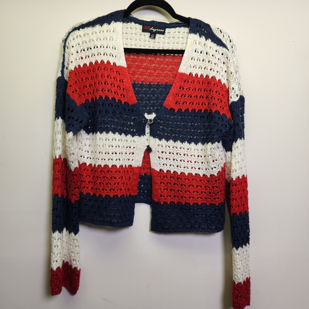 33 Degrees Womens Americana Crochet Open Knit Cardigan Sm Bell Sleeves Patriotic
